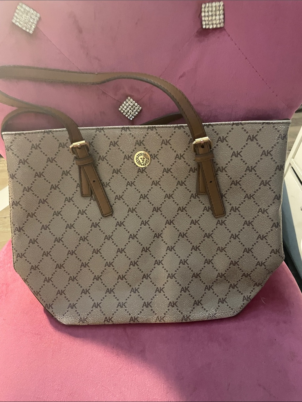 Anne Klein Beige AK Monogram Tote with Brown Trim